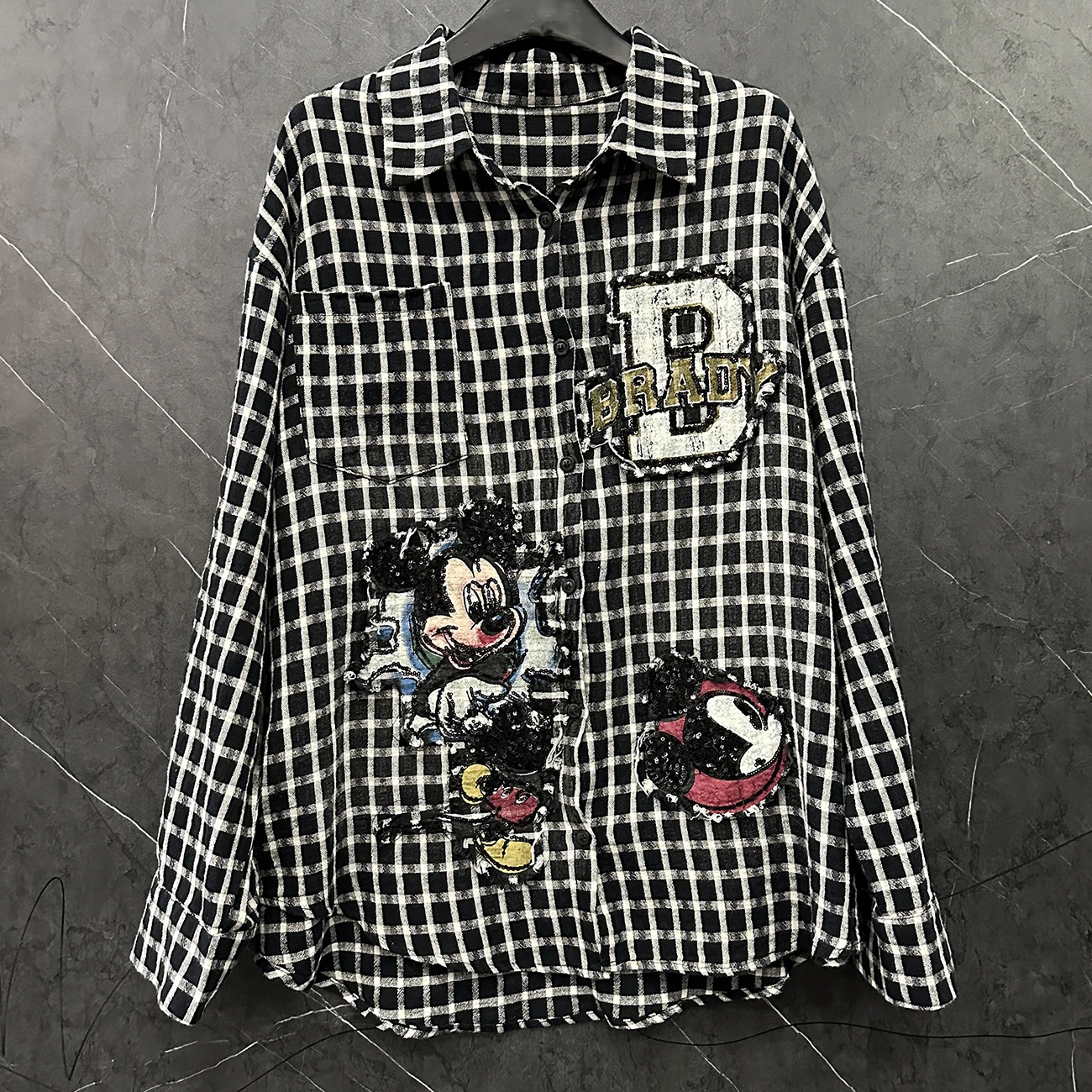Spring and Summer New Heavy Industry Cartoon Plaid Long-sleeved Shirt Women's Loose Mid Length Street Hipster Sequined Top