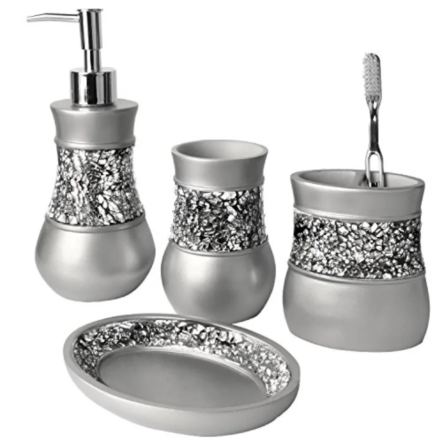 

Crackled Glass Silver Bathroom Accessory Set 4-Piece Vanity Set Includes: Lotion Soap Dispenser Toothbrush Holder Tumbler and S