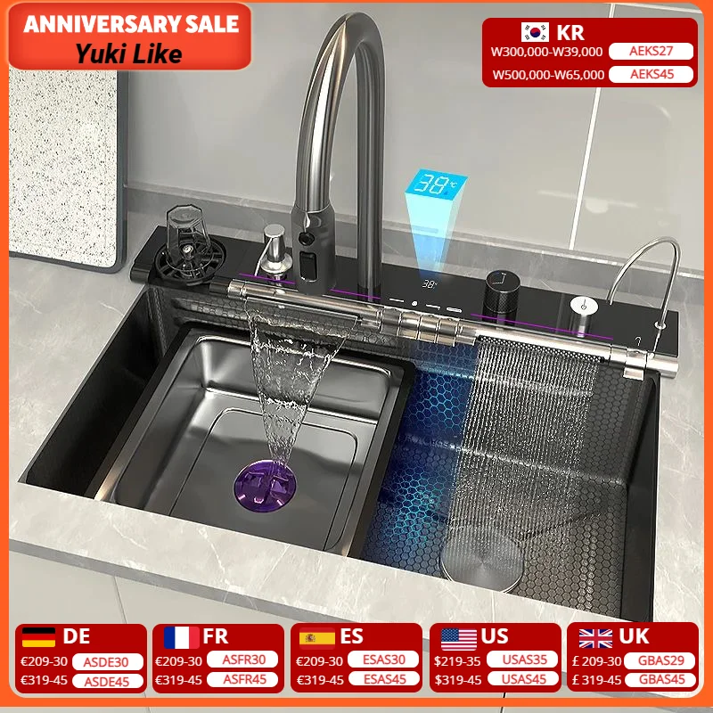 

Кухонная раковина «Водопад» из нержавеющей стали с тиснением и цифровым дисплеем, большой однослойный смеситель «Все в одном», многофункциональная мойка Bain