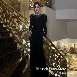 High Neck Full Sleeve Evening Dress Custom Size Beading Sequined Mermaid Prom Gown Robe De Soiree Black Party Dresses Long