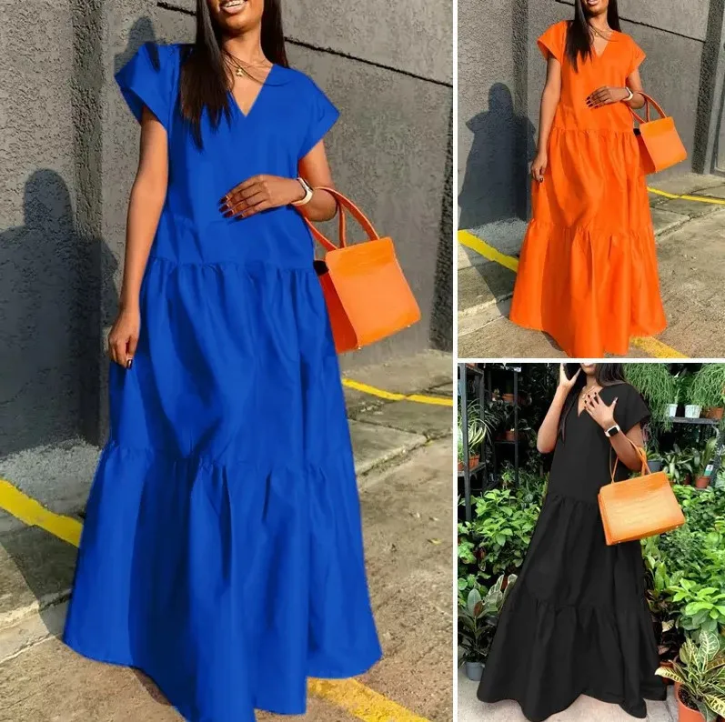 

Women's Bohemian Sundress Solid Color Oversized V-neck Ruffles A-line Long Skirt Summer Beach Party Sundress Loose Retro Skirt