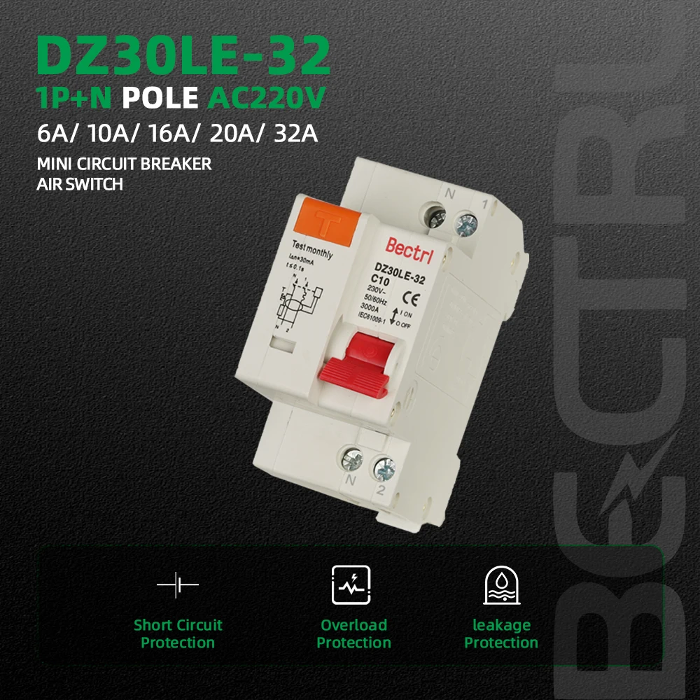 DZ30LE-32 RCBO 1P+N MCB 230V 36mm Residual Current Circuit Breaker with Over and Short Current Leakage Protection 16A 32A