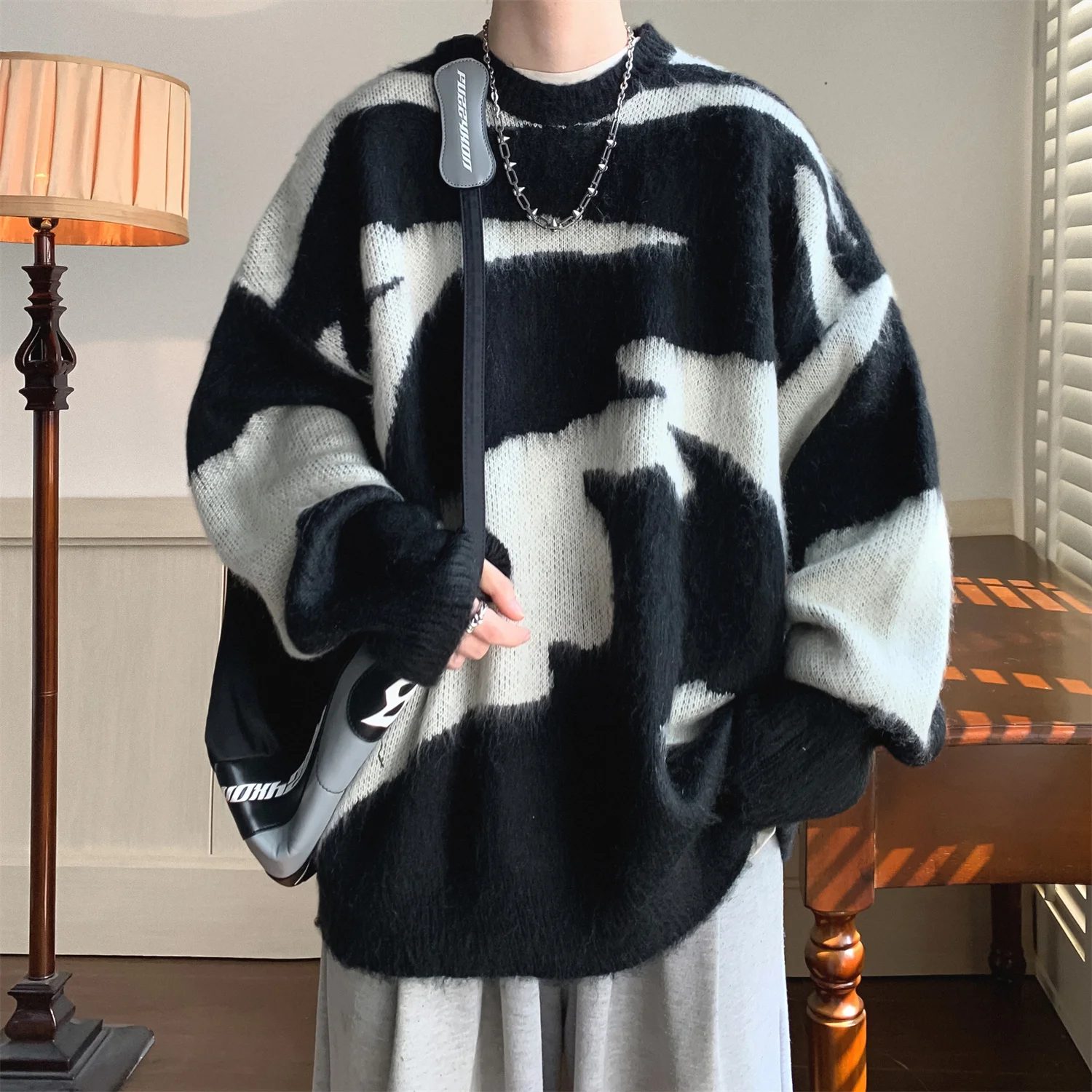 

American Sle Spliced Color Blo round Ne Knitted Sweater Men's Faionable High-End Feeling Autumn Winter New Arrival