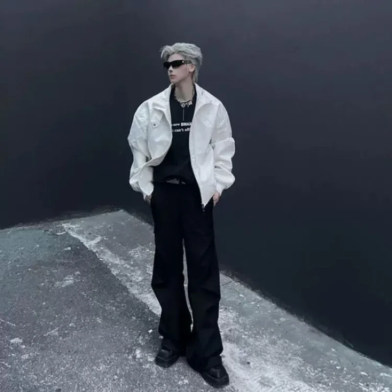 

Limited Edition Men's PU Leather Jacket Urban High Street Shoulder Pads Short Sleeve Autumn Jacket