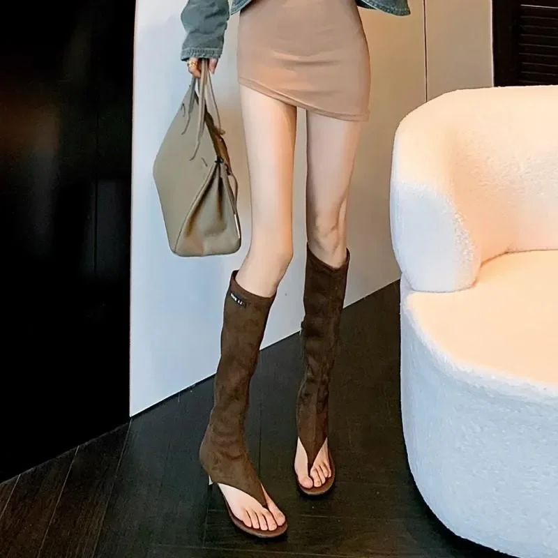 Botines Modernos de Mujer, Finos, Negros, con Punta Abierta, con Clip, Botas hasta la Rodilla, Tacón Bajo, Cierre Lateral, Sandalias de Tacón para Fiesta de Primavera y Verano 2026