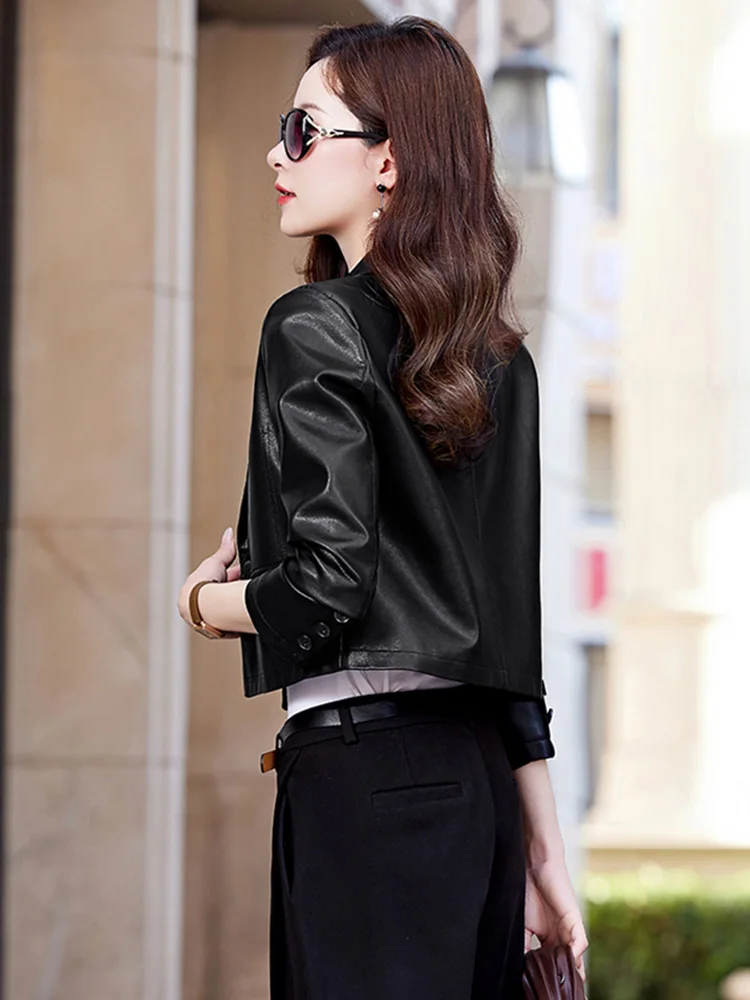 New Women Spring Autumn Chic Gray Short Blazer Fashion Suit Collar Single Button Leather Jacket Split Leather Slim Outerwear