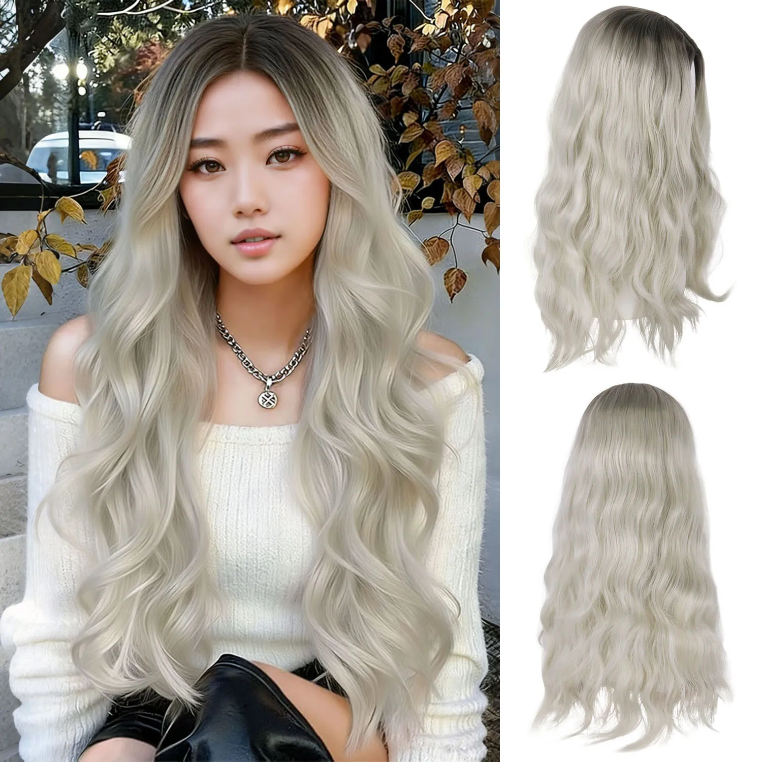 

28 Inch Soft Synthetic Hair Long Wavy Wigs Ombre Dark Root to Ash Blonde Fluffy Body Wave Wig for Women Daily Party Cosplay Wear