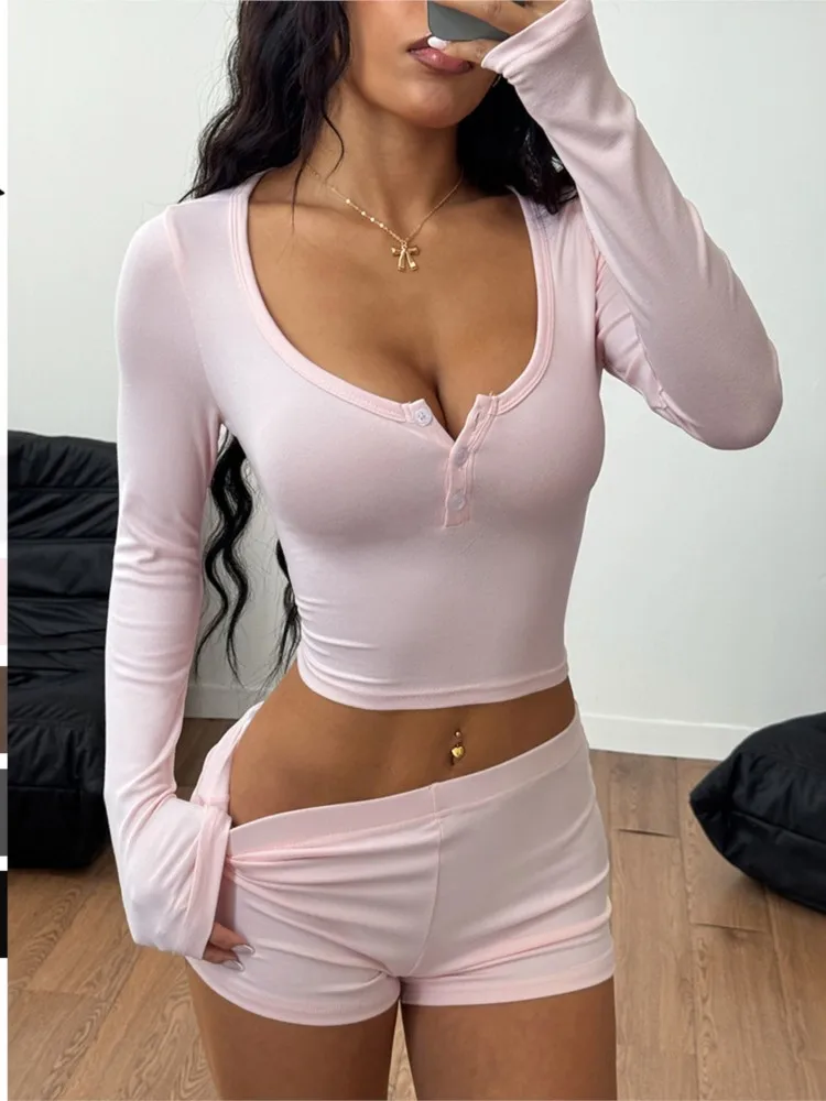 

Женская спортивная футболка с длинными рукавами и пуговицами, шорты, женский костюм-двойка, осенняя новая модная повседневная однотонная женская одежда из двух предметов