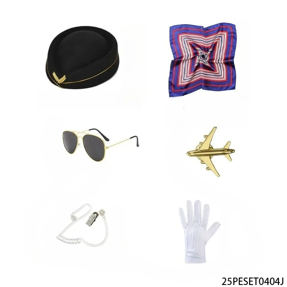 PESENAR Black Stewardess Cosplay Set  Badge Hat, Airplane Brooch, Scarf  White Gloves, Elegant Role Play Outfit