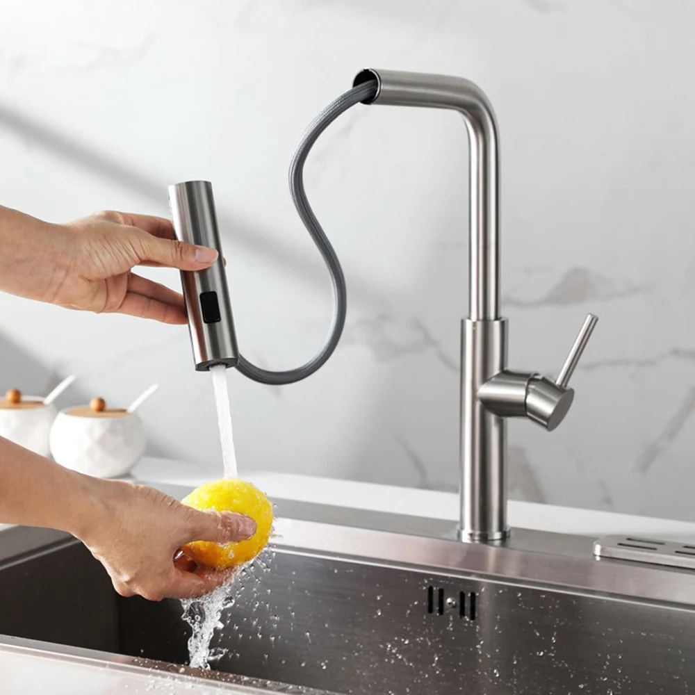 Black Kitchen Faucet  360 ° Rotation Cold and Hot Deck Mounted Pull Out Waterfall and Spray Kitchen Sink Tap