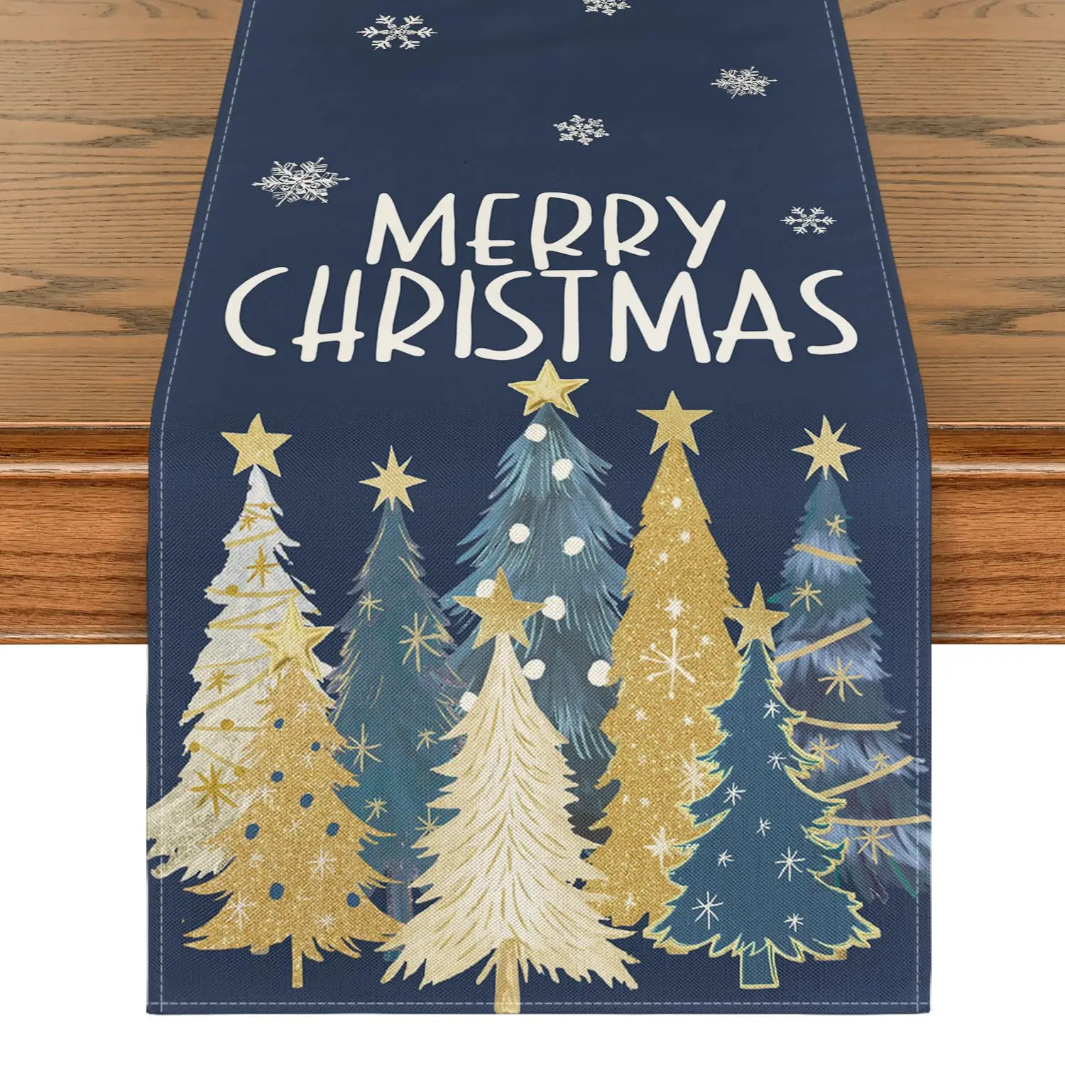 

Xmas Trees Snowflakes Blue Merry Christmas Table Runner, Winter Seasonal Kitchen Dining Table Decoration for Home Party Decor