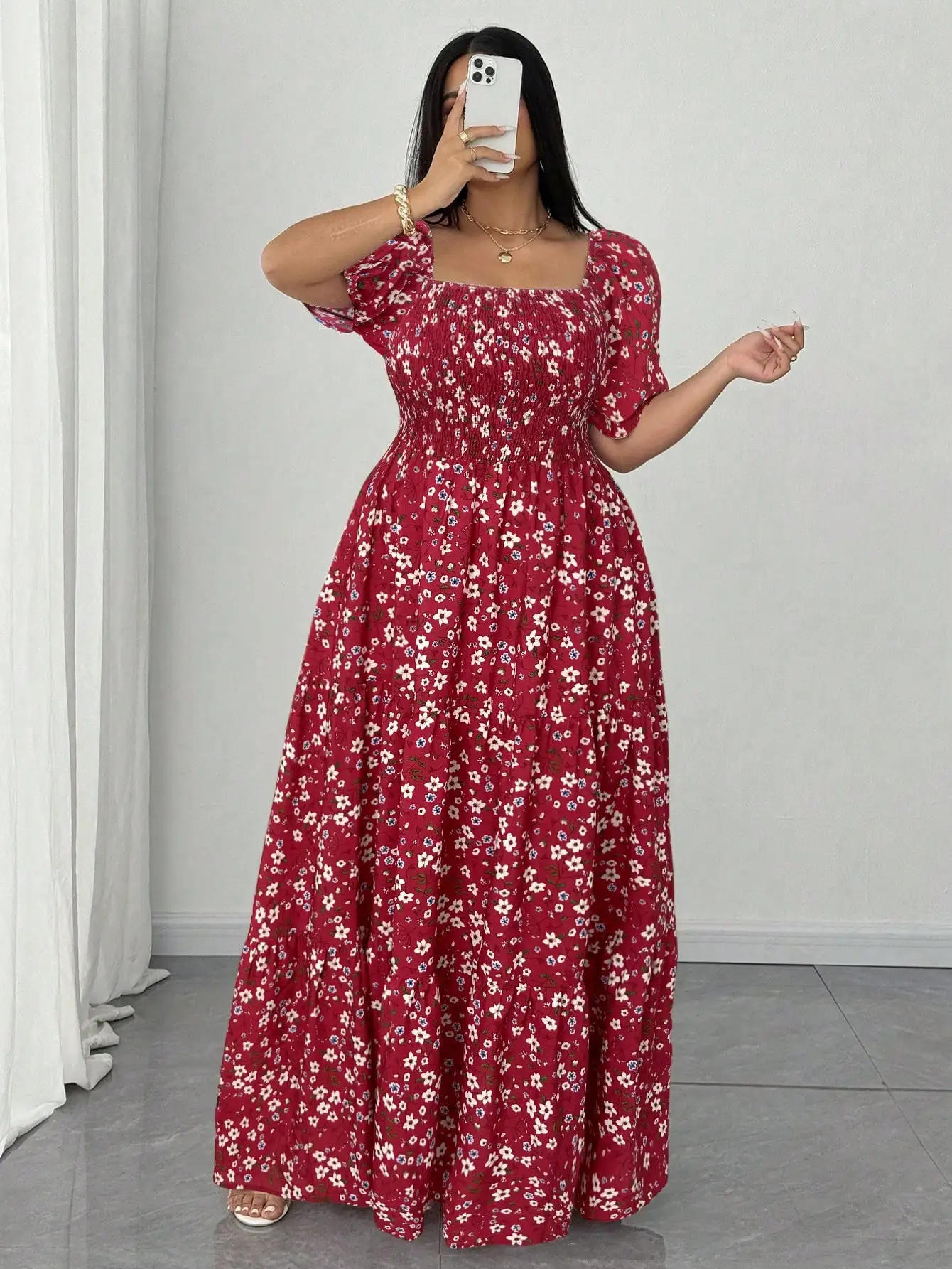 

Ditsy Floral Square Neck Smocked Maxi Dress For Women