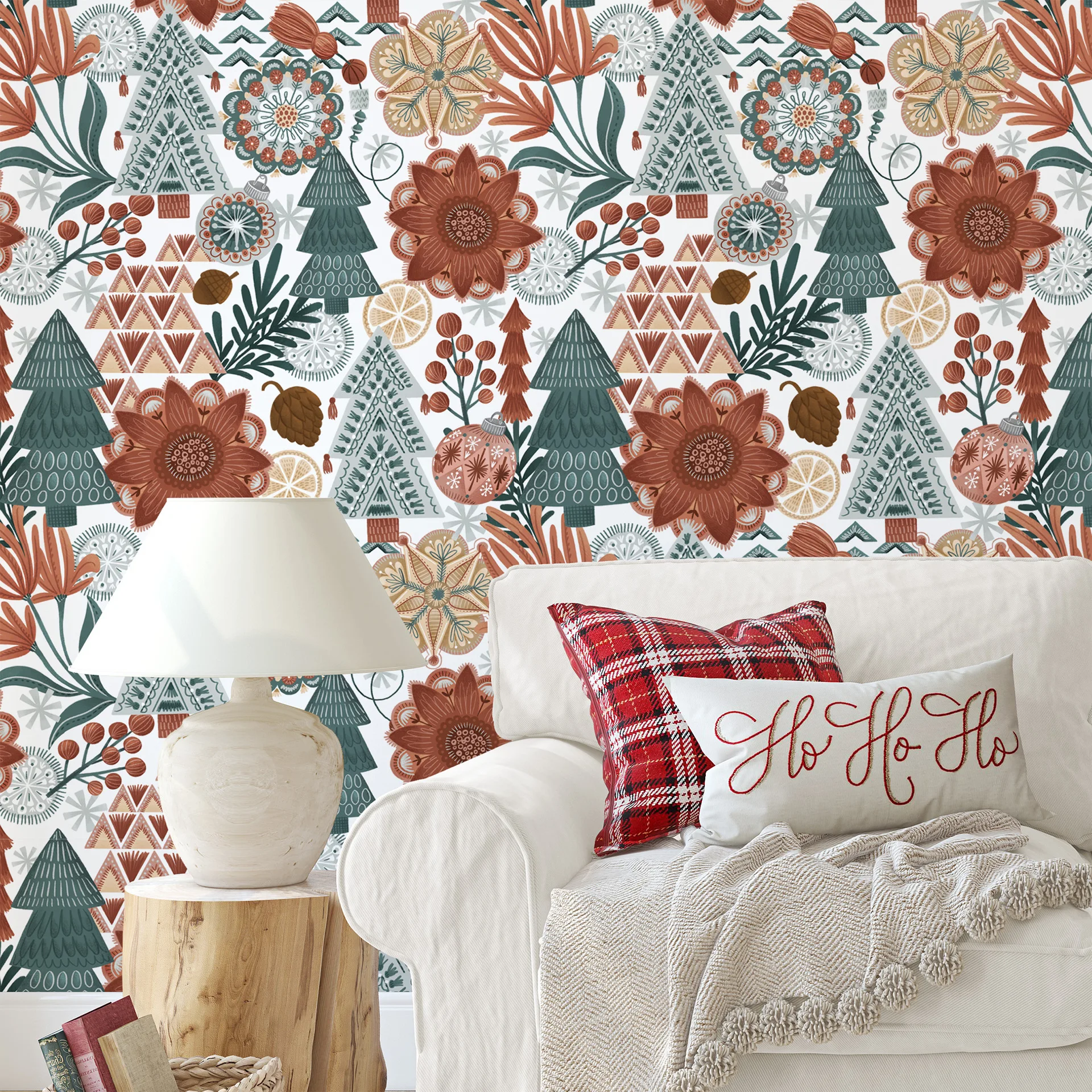 

Обои с рождественскими элементами, ретро цветочный рождественский узор, самоклеящиеся обои для комнаты