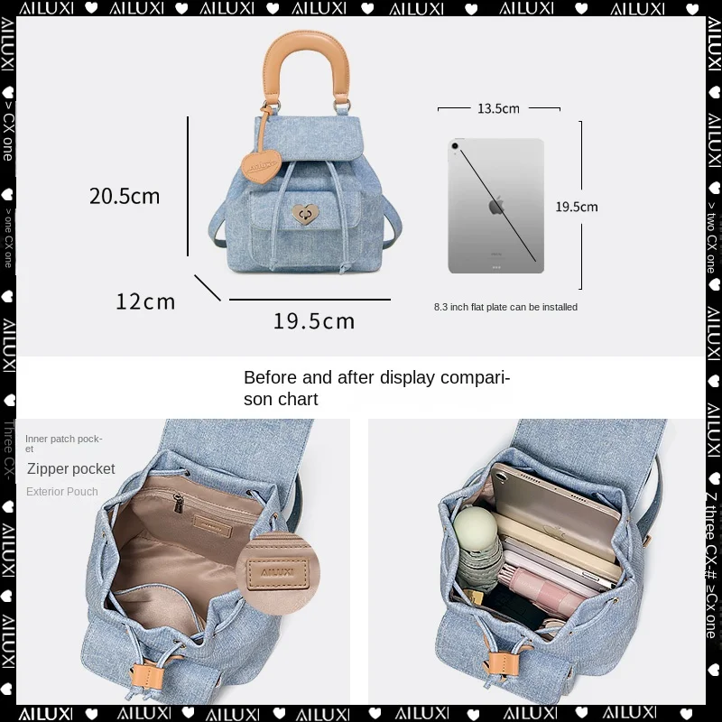 AILUXI Women Backpack Large Capacity Cowboy Blue Casual Girls Handbag Short Distance Travel Commuter Cute Shoulder Female Bag