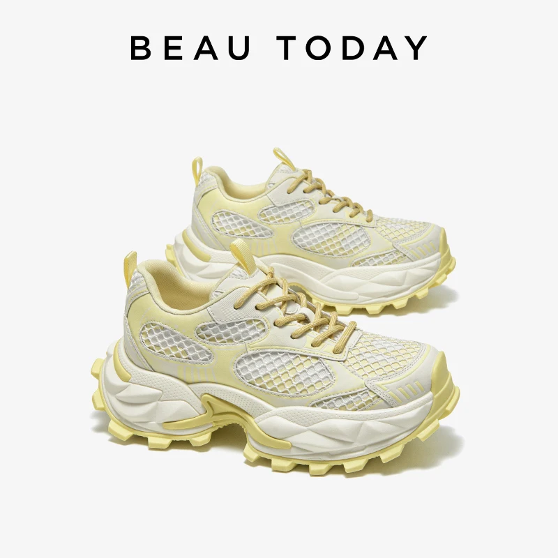 BEAUTODAY Chunky Sneakers Women Split Leather Sole Solid Color Round Toe Lace-up Ladies Shoes Handmade 29A94