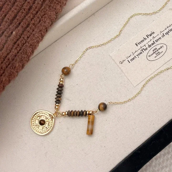 

Real 925 Sterling Silver Tiger's Eye Bead Round Pendant Chains Necklaces for Women Minimalist Vintage Fine Jewelry Accessories
