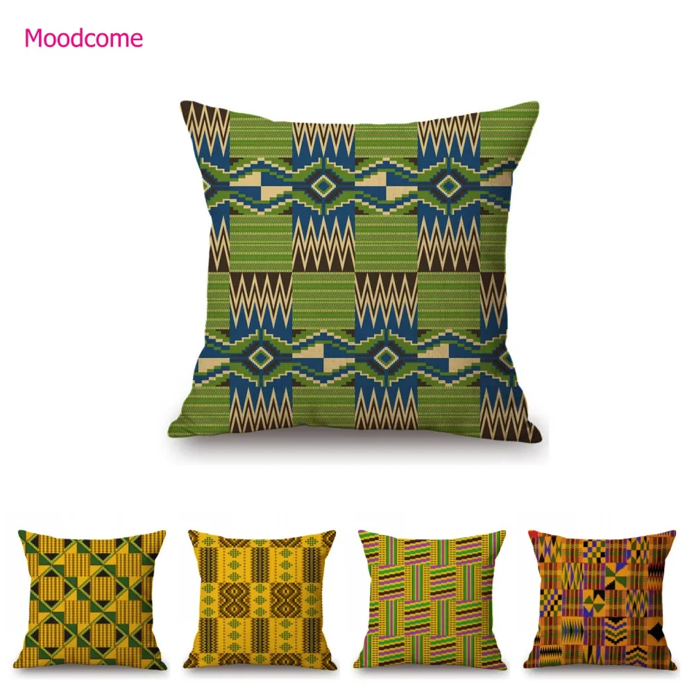 Green Ethnic Geometric Tribal Pattern African Wax Kente Pattern Cotton Linen Sofa Throw Pillow Case Car Cushion Cover Home Decor