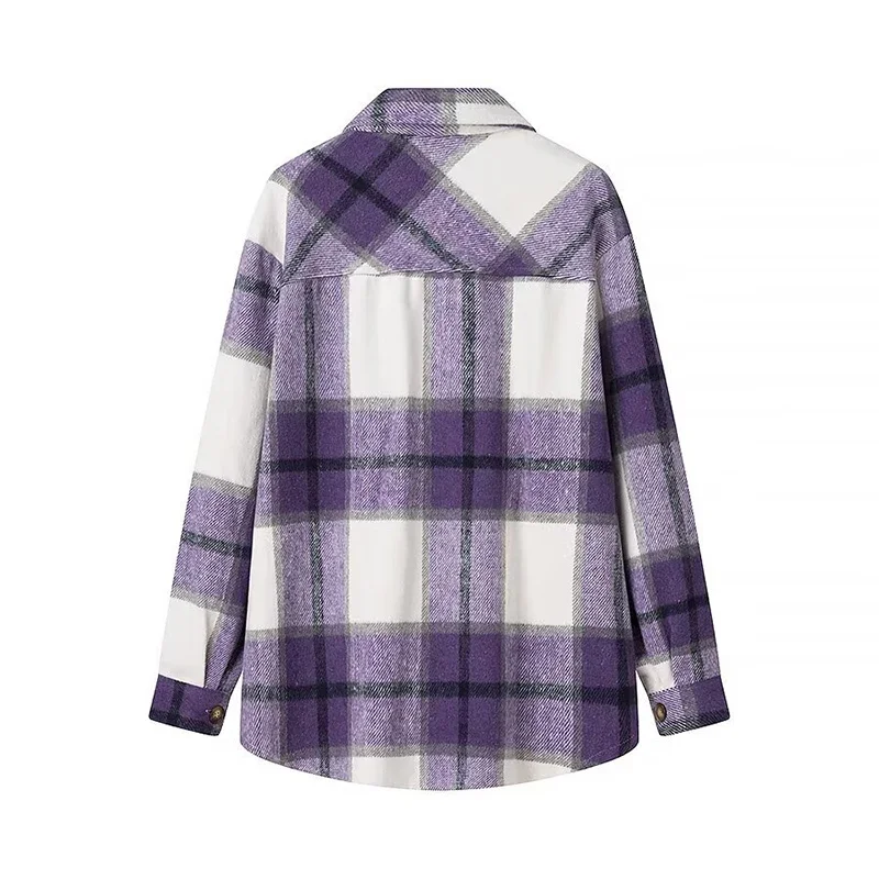 Women's Flannel Plaid Shacket Long Sleeve Button Down Woolen Shirts Jacket Coats with Side Pockets Plaid Long Sleeve TOPS