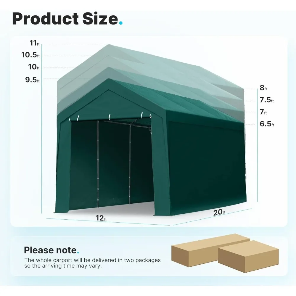 12x20 Ft Carport with Removable Sidewalls and Doors, Reinforced Poles, Heavy Duty Adjustable Height Garage