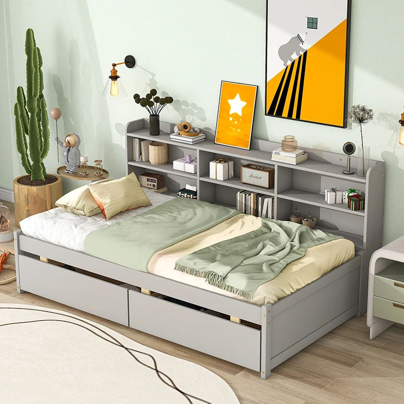 Twin Bed with Side Bookcase, 2 storage Drawers, Multifunctional bookcase with different compartments