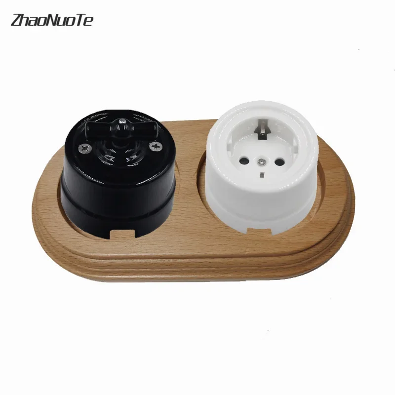 Retro Switch Socket Wooden Base 1-3 Gang for Ceramics EU Socket Switch Hole Diameter 68 mm