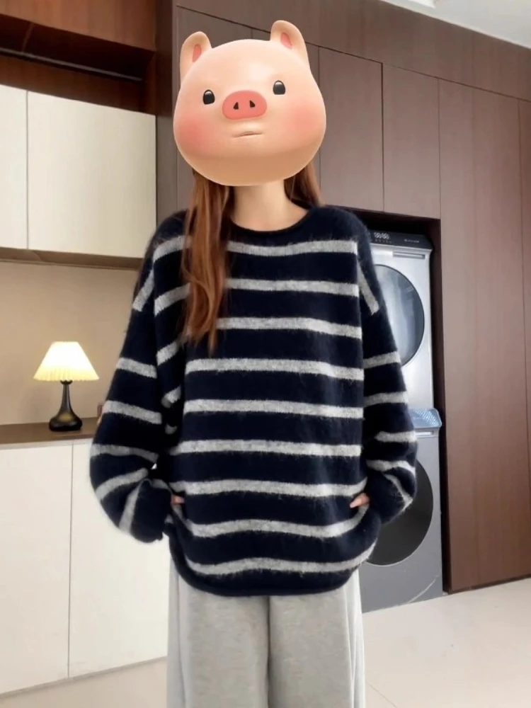 

Lazy Relax Stripe round Ne Pullover Knitted Sweater Women Autumn Winter Unique Mouton Loose Slimming Knitwear Top