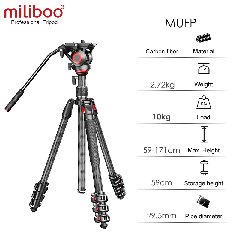 miliboo MUFP Professional Carbon Fiber Lightweight Tripod Stand Hydraulic Head Stable Convenient Can be used as a monopod