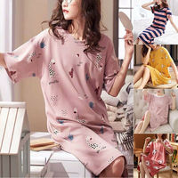 2024 New Fashion Womens Nightshirt Night Dress Cartoon Sleepwear Short Sleeve Nightwear Print Pyjama Dress