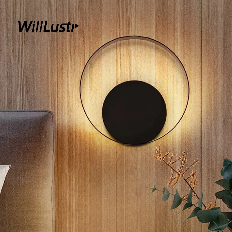 

LED Wall Lamp Metal Round Sconce Hotel Cafe Bar Living Bedroom Bedside White Black Iron Ring Lighting