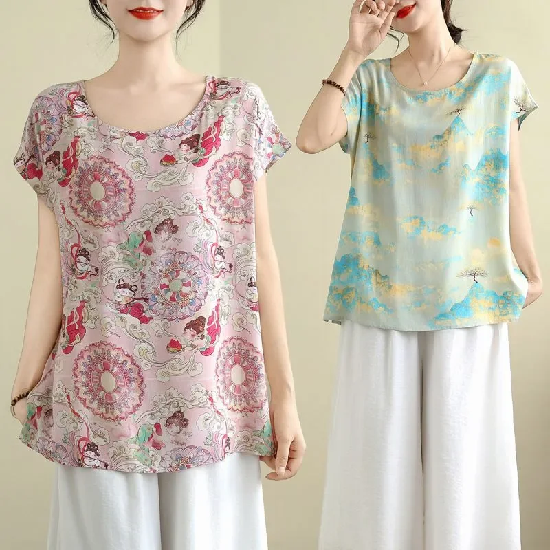 

New Chinese Style Women's Middle-aged Elderly Mothers Round Neck Cotton Silk Printed Flying Sleeve T-shirt Loose Top