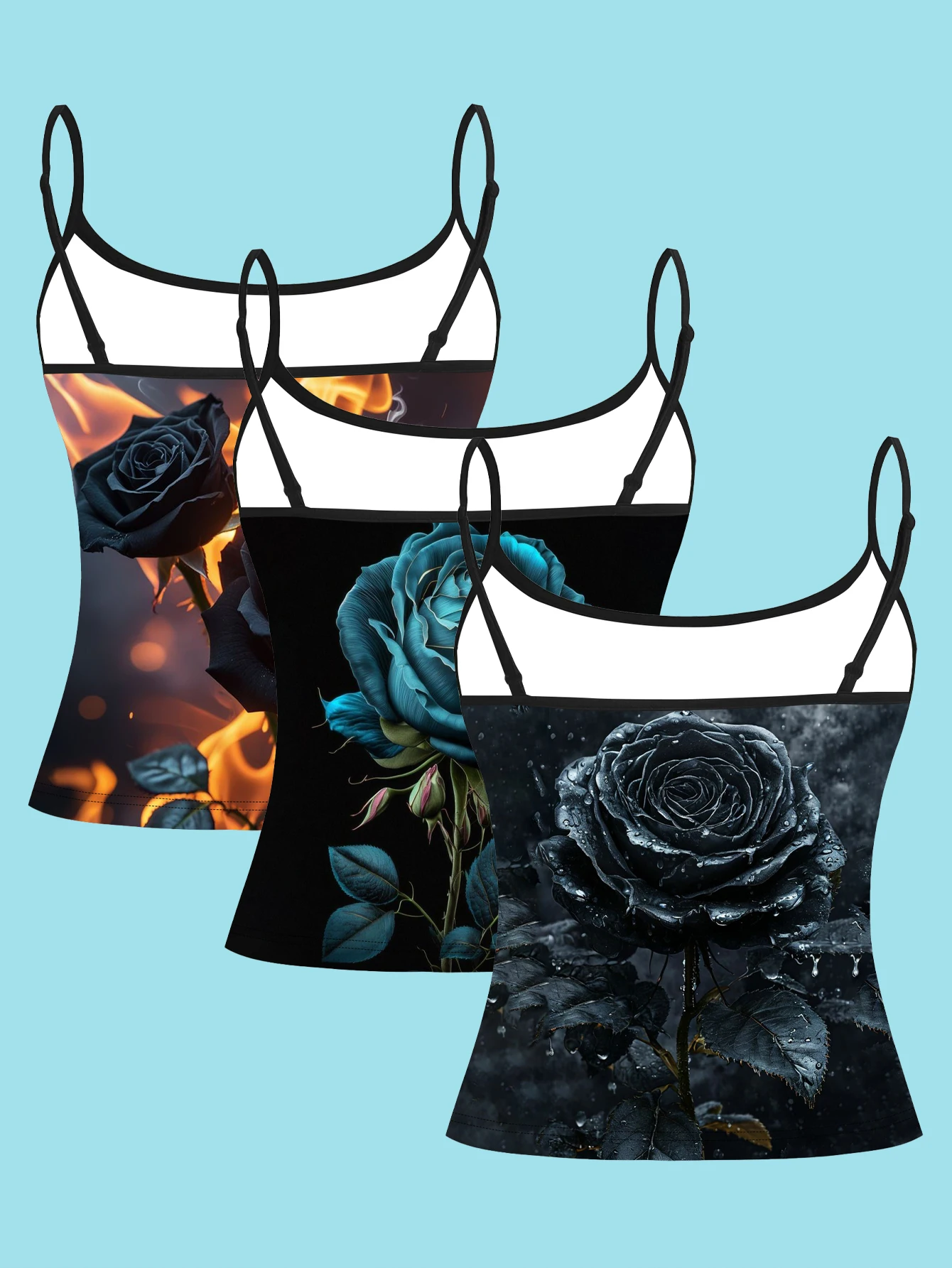 3-Pack of Dark Black Rose Print Camisoles for Women, Flame Water Drop Rose Cool and Stylish Slim-Fit Sleeveless Spicy Girl Inner Wear Tops