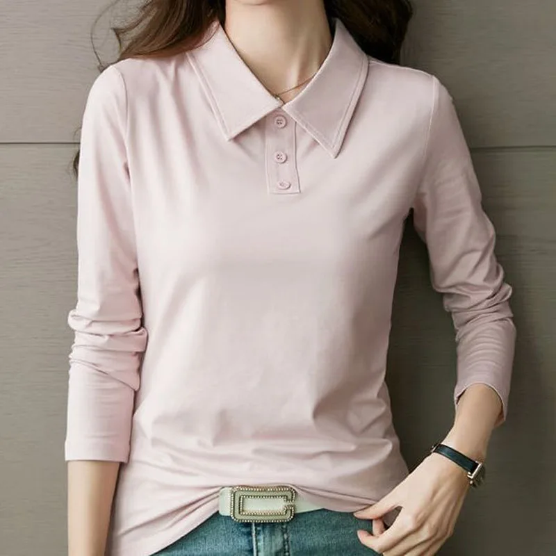 Office Lady Casual Simplicity Long Sleeve Polo-Neck Tops Women's Clothing Fashion Slim Long Sleeve Casual All-match T-shirt