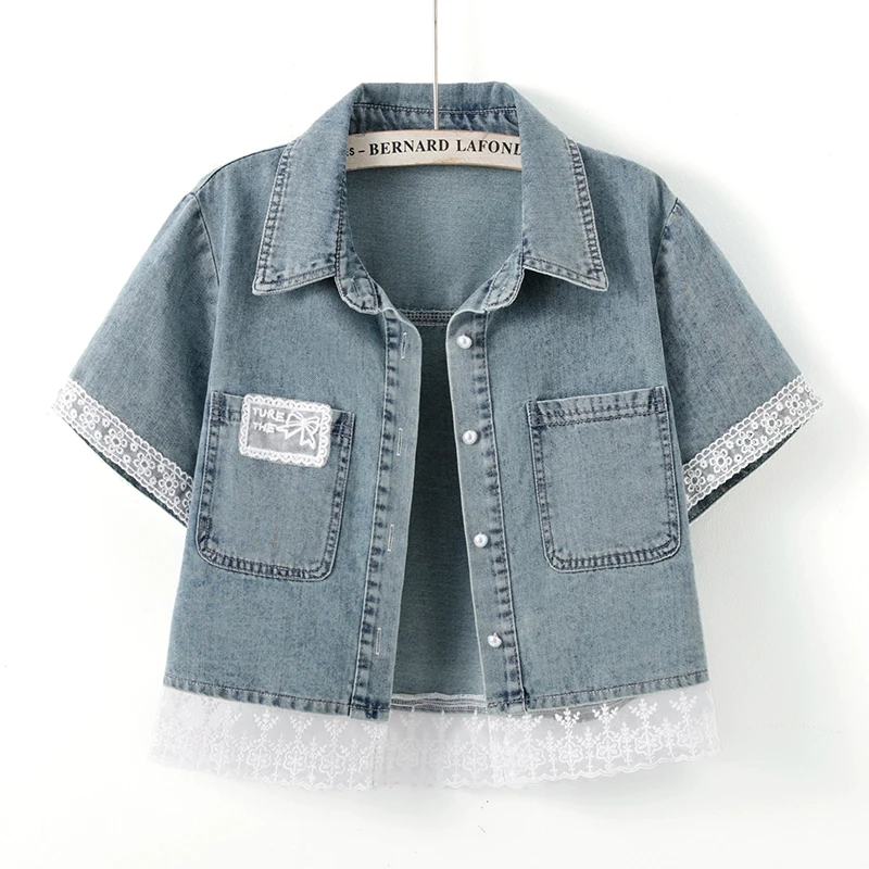 

Fashion Lace Letter Embroidery Patchwork Blue Slim Short Jeans Jacket Summer Women Lapel Short Sleeve Denim Coat Chaqueta Mujer