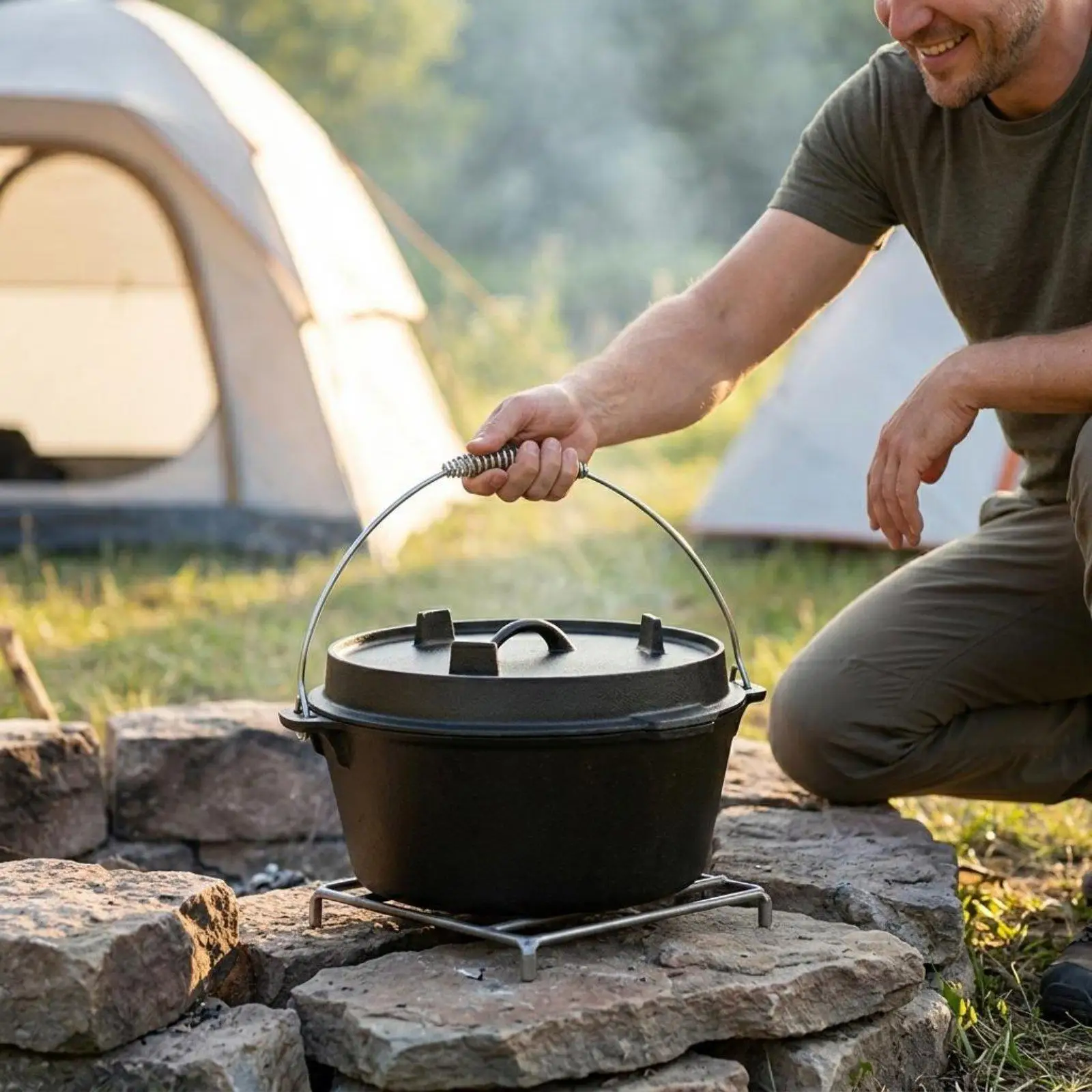Outdoor Cast Iron Dutch Oven Uncoated Camping Stew Pot Portable BBQ Cooker for Hiking Picnic
