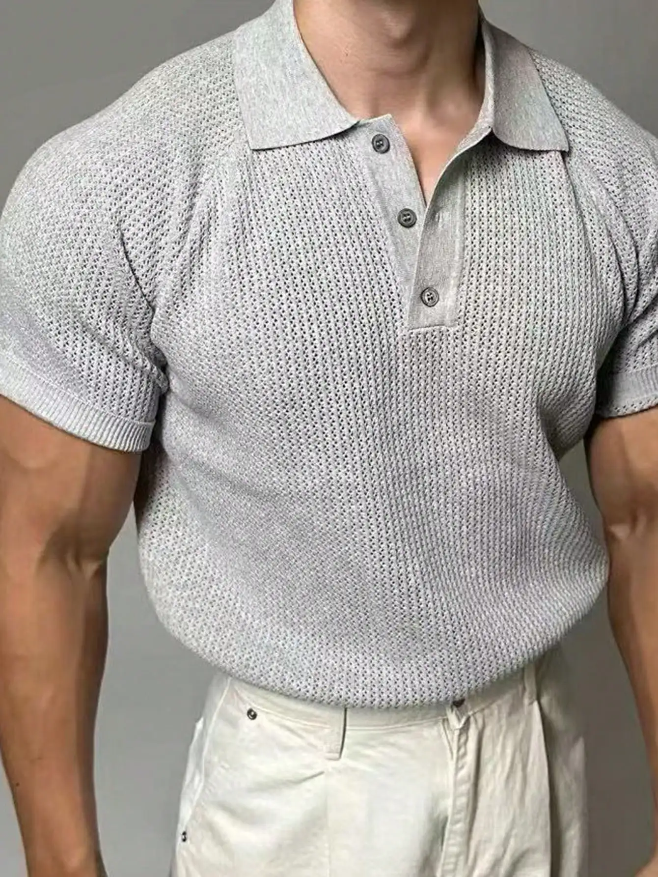 

Мужской однотонный простой свитер с короткими рукавами и пуговицами спереди, повседневный универсальный вязаный топ