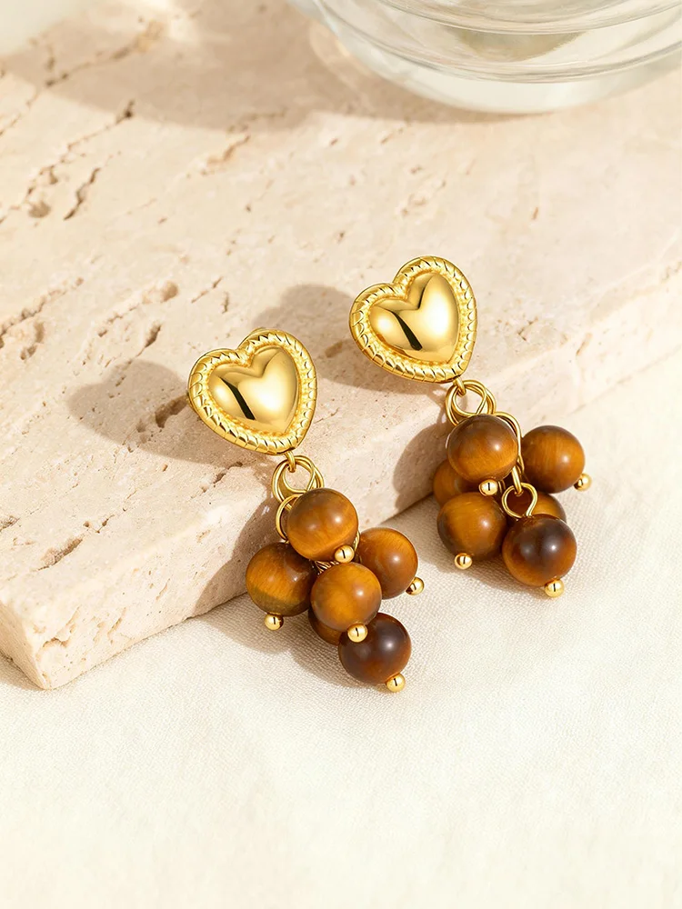 

Vintage Grape Shape Tiger Eye Beads Drop Earrings for Women, Stainless Steel Heart Studs, Healing Stone Dangle Earrings