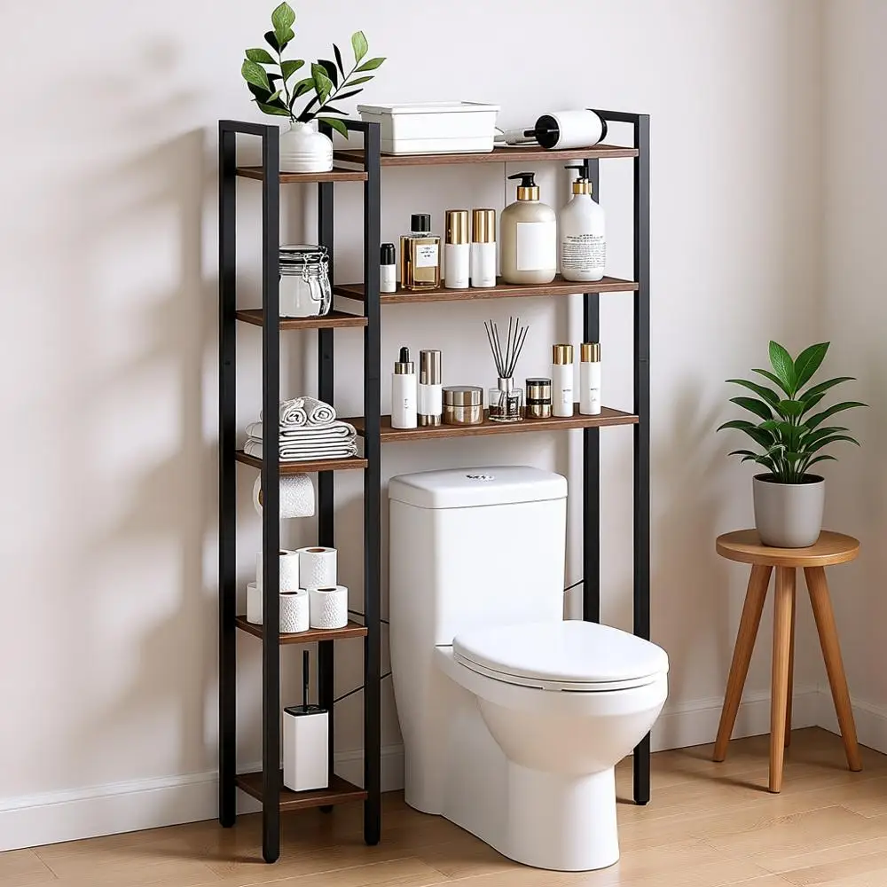 

8-Tier Over Toilet Storage Organizer, Space-Saving Rack with Toilet Paper Holder, Rustic Brown and Black