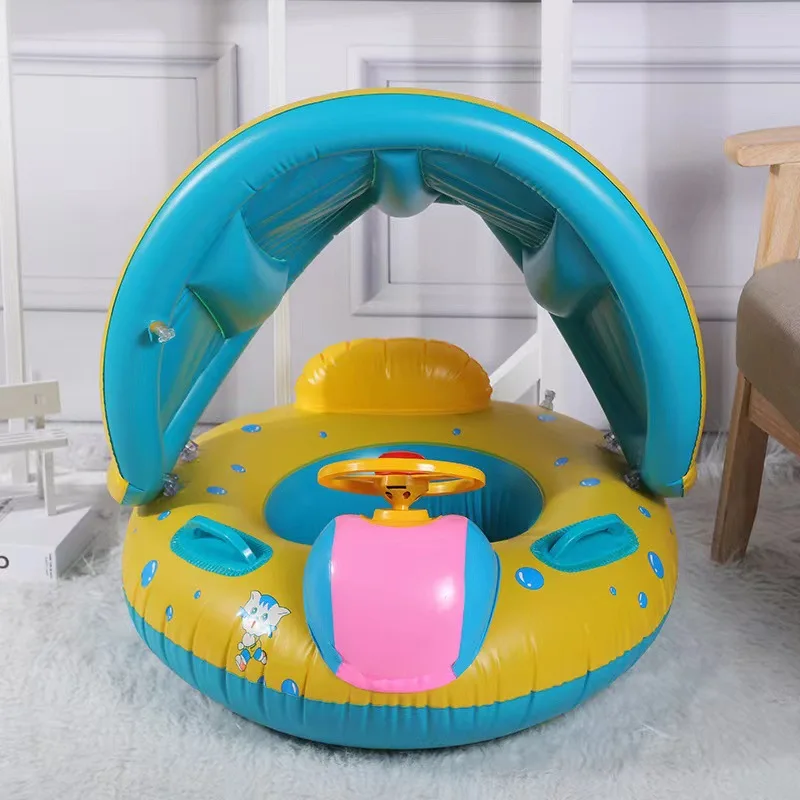 Sunscreen children's inflatable yacht with steering wheel, swimming circle, cartoon baby horn, sunshade, inflatable seat