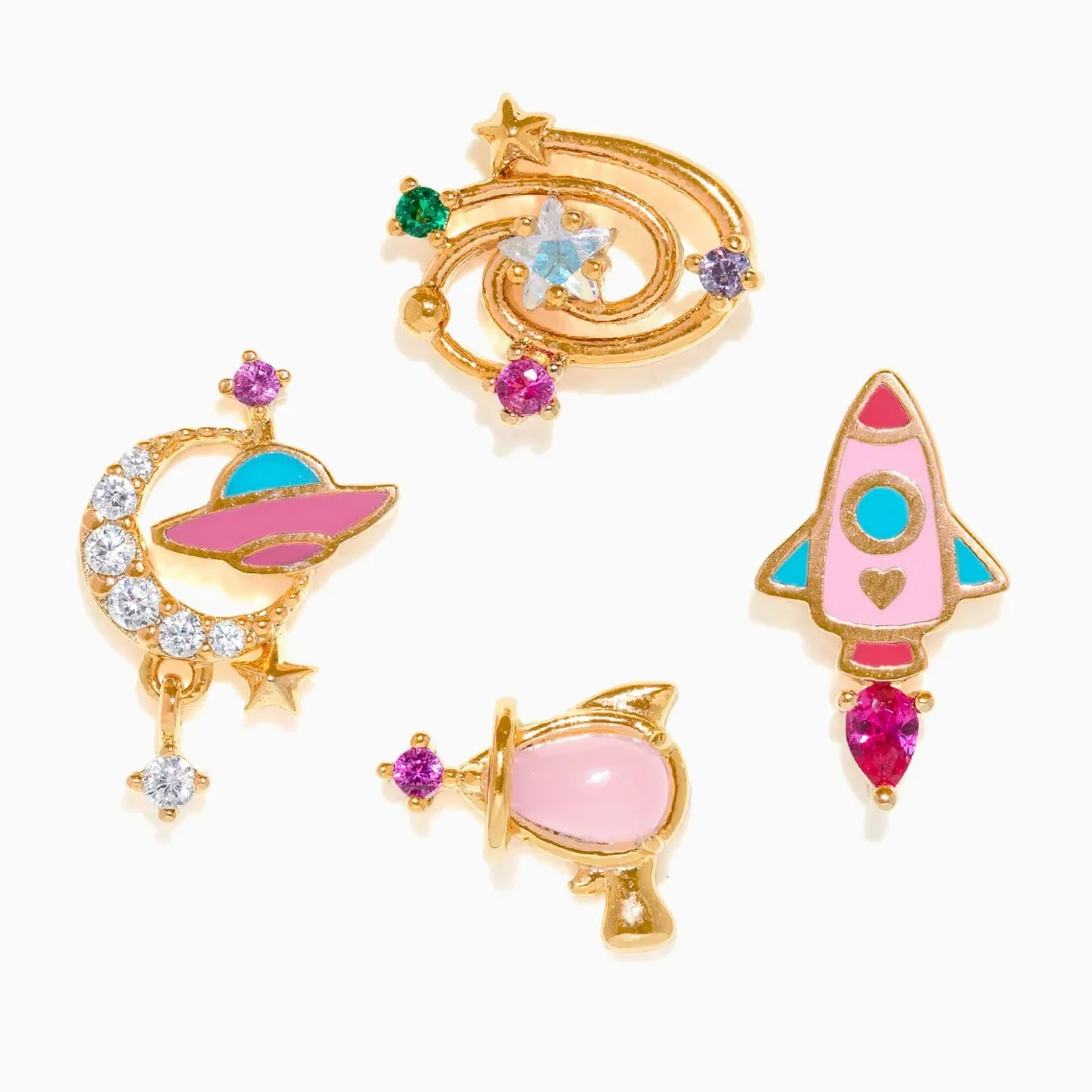 4PCS/Set New Fashion Colorful Zircon UFO Rocket Moon Star Stud Earrings For Women Exquisite Sweet Party Jewelry Gifts