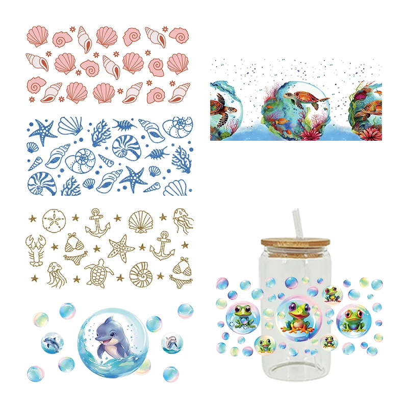 3D UV DTF Transfers Stickers, 16oz, Cup Wraps, Marine Animal Printed for DIY Glass Ceramic Metal Leather, Etc D6201