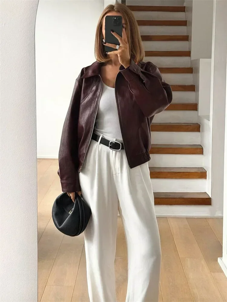 

Autumn Lapel PU Outwear Female Zipper Pocket Fashion Patchwork Long Sleeve Solid Streetwear For Women Cropped Jacket Top