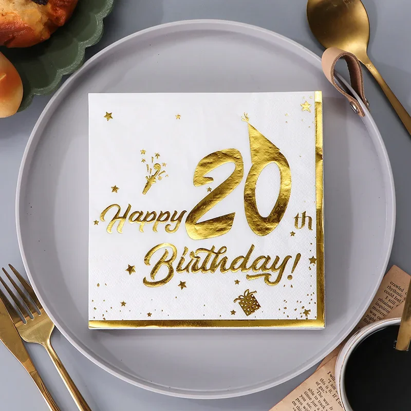 20Pcs Gilding Number 20th 30th 40th 50th 60th Years Old Disposable Paper Napkins Happy Birthday Party Tableware Tissue Decor