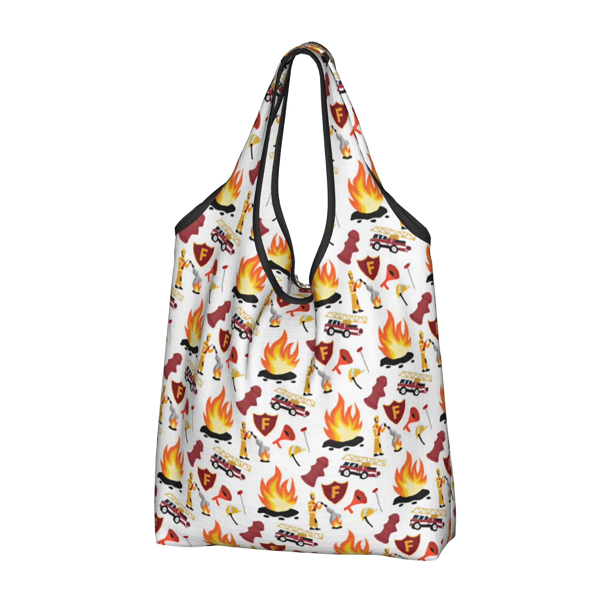 Custom Cartoon Style Firefighter Rescue Tool Shopping Bag Women Portable Big Capacity Groceries  Tote Shopper Bags