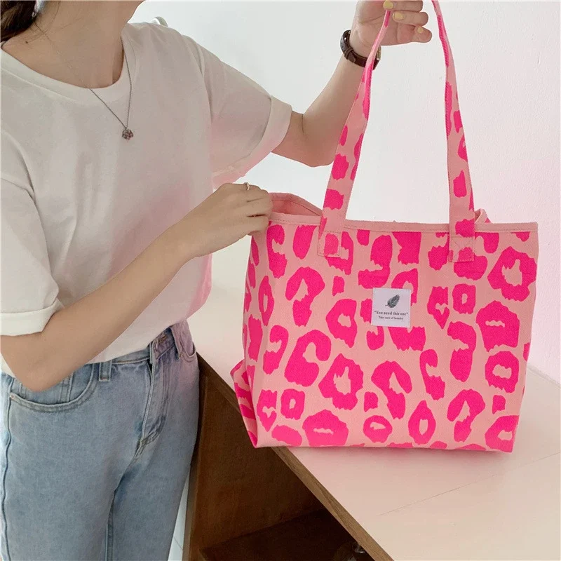 New Fashion Pink Leopard Print Women Handbag Large Capacity Single Shoulder Bag Portable Shopping Bag Student Book Bag Tote