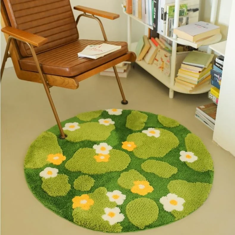 DDD Forest System Flower Flocking round Carpet Bedroom Flocking Moss Side Blanket Cute Green Grass Single Chair Floor Mat