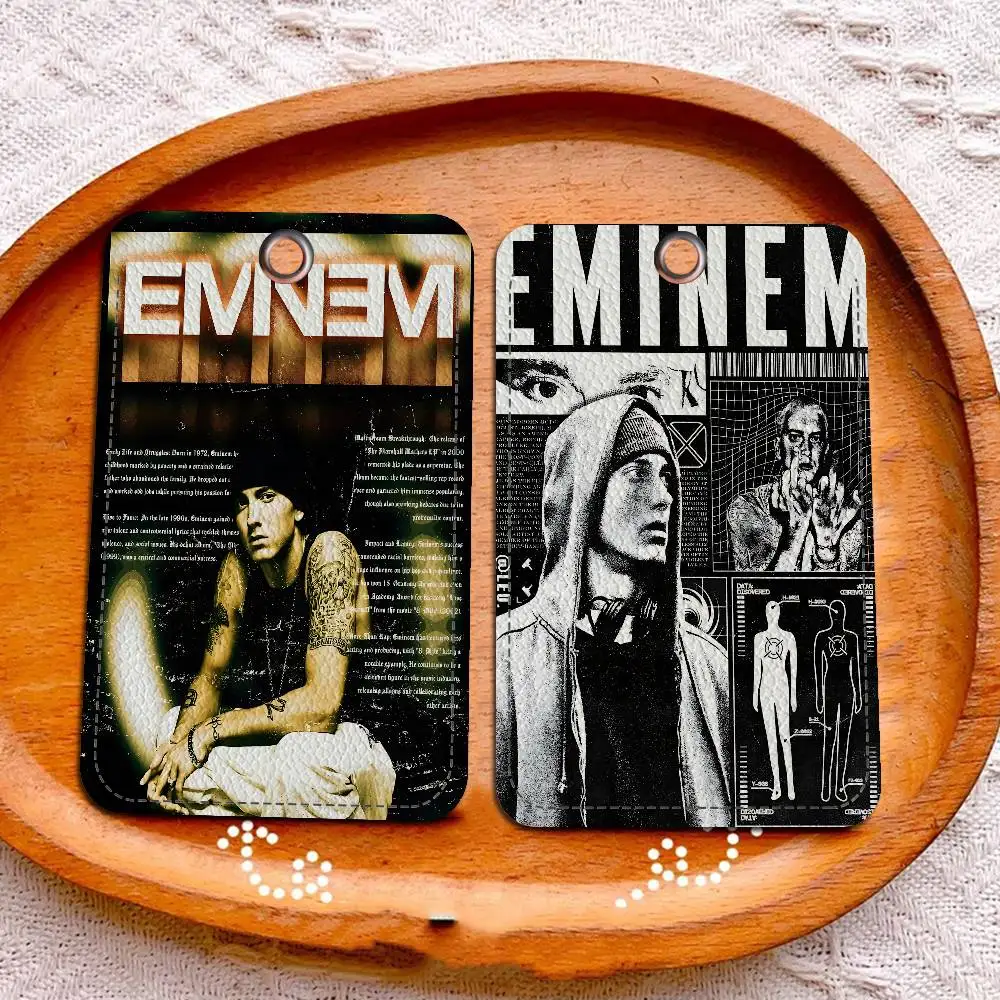 Rapper Singer E-Eminem 1Pc Access Card Case Leather Card Holder Keychain Key Ring Door Access Tags ID Card Case Keychain