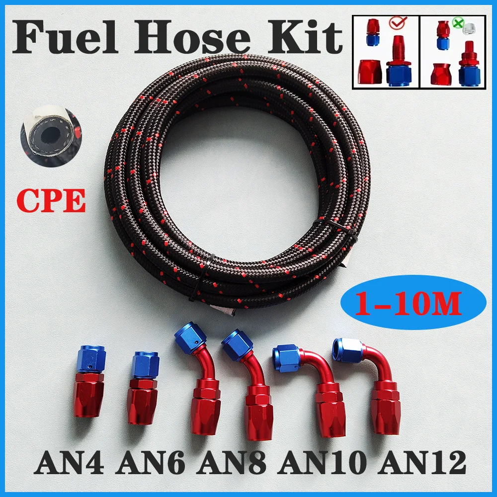 

1-10M AN4 AN6 AN8 AN10 AN12 CPE Fuel Line Hose Kit, E85 Nylon Braided Fuel Hose 6Pcs Swivel Fuel Hose End Fitting Adapters Kit