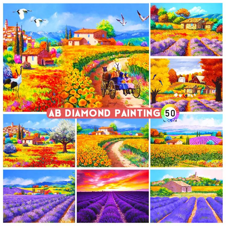 5D Diamond Painting Pastoral Scenery Flower Sea Lavender Cross Stitch Set Diamond Mosaic Rhinestone Picture AB Home Decoration