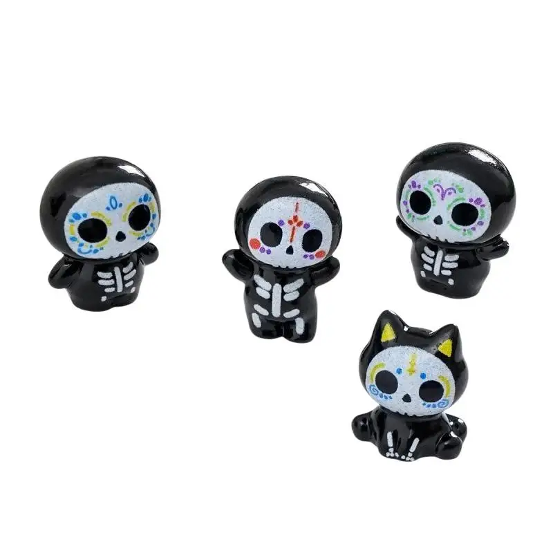 Niedliche Mini-Harz-Zucker-Schädel-Statuen, 6 Stück, im Cartoon-Stil für Halloween, Innenraum-Party-Tischdeko, Geschenk für Schädel-Liebhaber – Detail 7