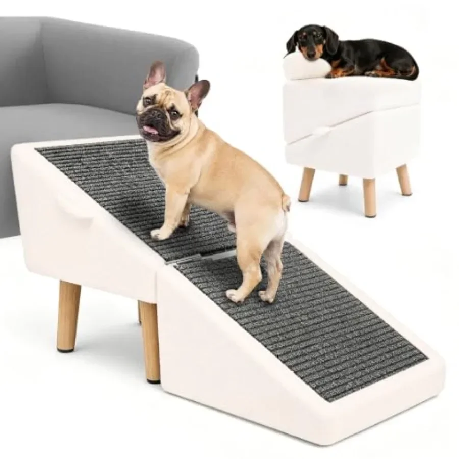 16 H Dog Stairs Ramp for Small Dogs: Wooden 2-in-1 Pet Steps Ottoman for Low Bed and Couch, White, Non-Slip Split Design, Safe